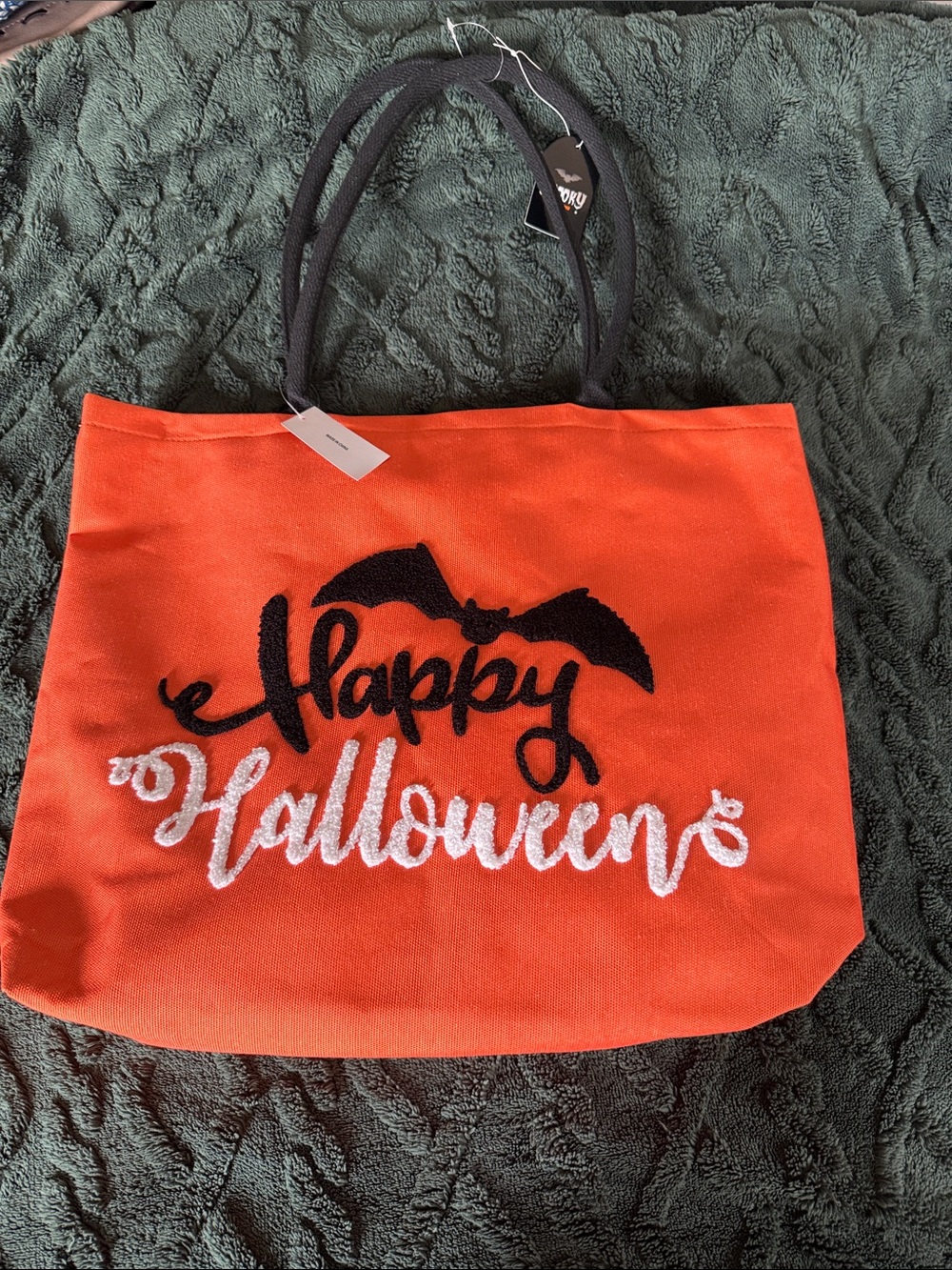 Happy Halloween Orange Tote Bag with Bat Accent
